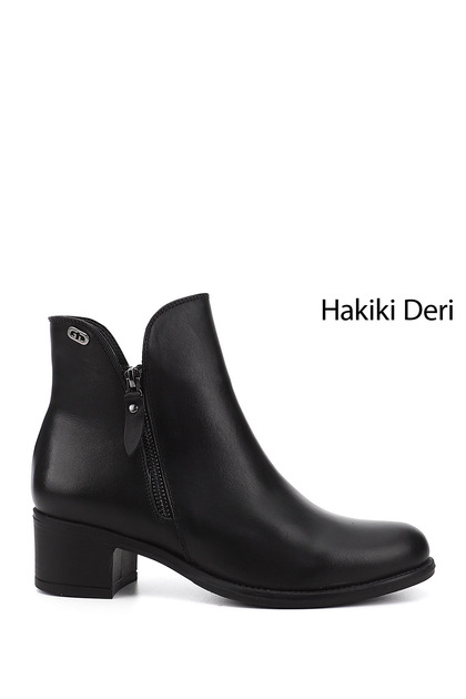 Kadın Siyah Çift Fermuarlı Kalın Topuklu Hakiki Deri Bot