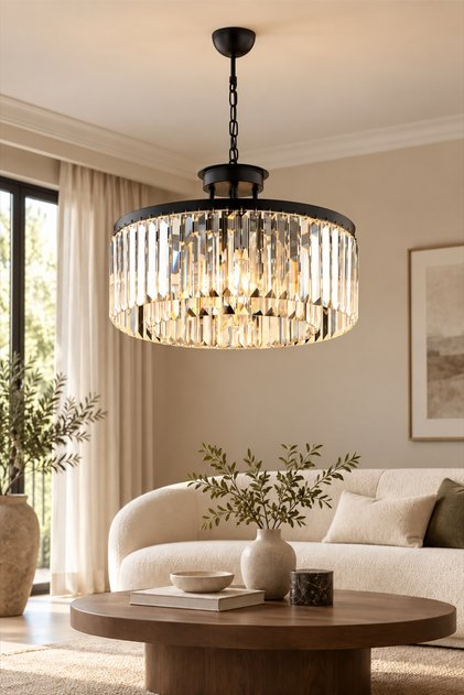 Kanvas 45'Lik Siyah Kristalli Taşlı Modern Tasarım Kristal Salon Avize