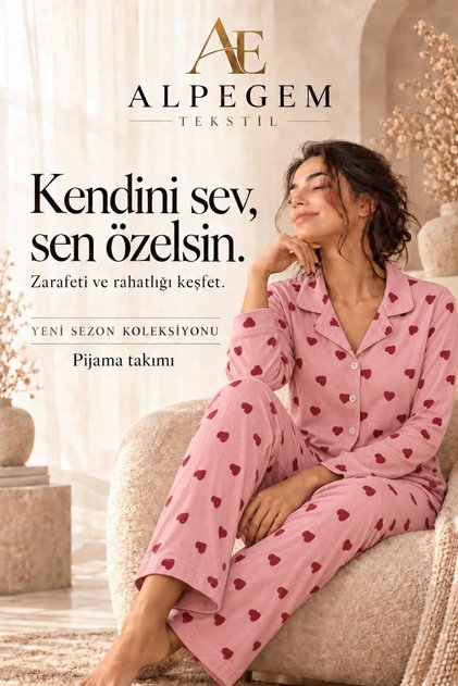 ALPEGEM Kalp Desenli Kollu Pamuklu Pijama Takımı