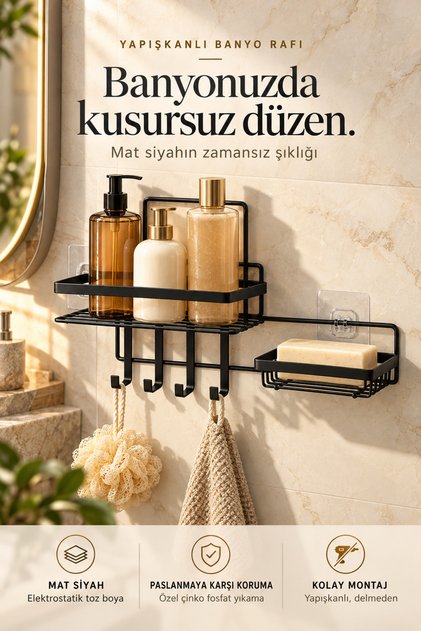 Yapışkanlı Duşakabin Banyo Rafı, Lamalı Sabunluk Bölmeli Metal Şampuanlık Düzenleyici Organizer
