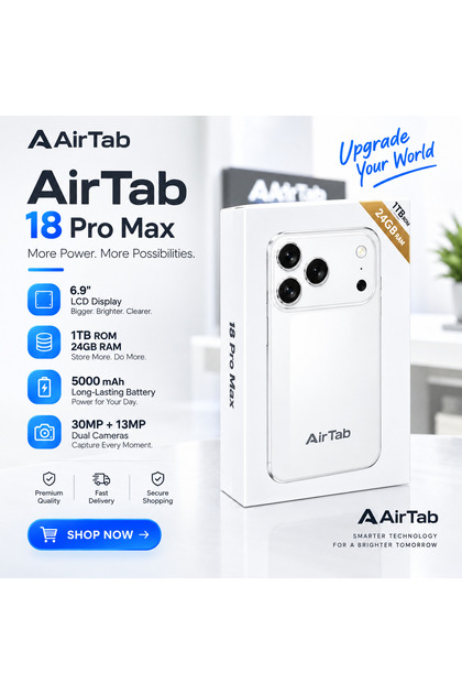 Airtab18 Promax - شاشة HD+ Incell مقاس 6.8 بوصة، ذاكرة وصول عشوائي 24 جيجابايت + تخزين 1 تيرابايت، نظام أندرويد 16، كاميرا 30 ميجابكسل + 13 ميجابكسل، بطارية 5000 مللي أمبير