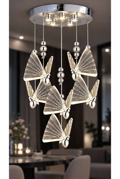 İstanbul Avize İpek 6'lı Gümüş Ledli 3 Renk Modern Led Avize