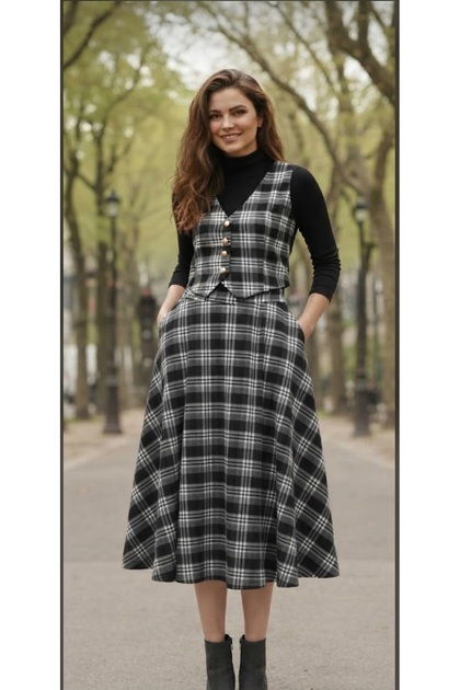 Women's Plaid Patterned Skirt Vest Double Set