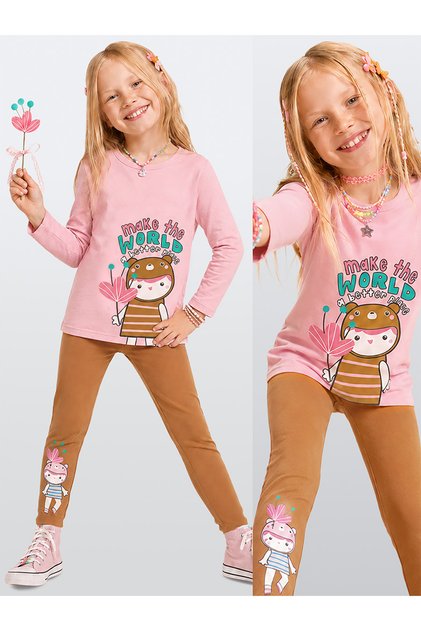 Kız Çocuk Pamuklu Uzun Kollu T-shirt & Tayt Takımı – Sevimli Karakter Baskılı (2-8 Y)