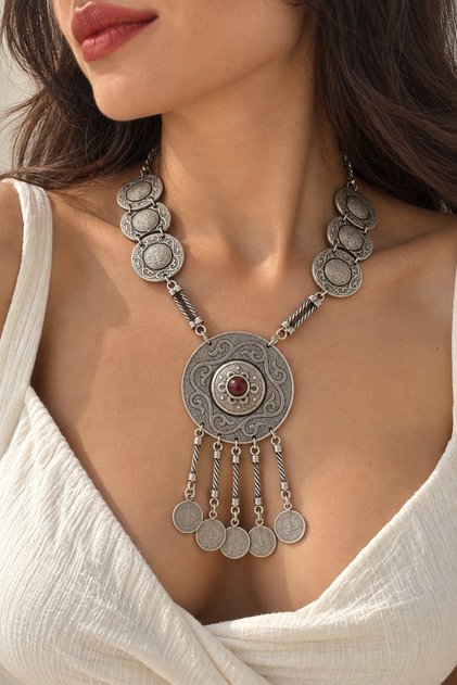 Otantik Model Gümüş Kaplama Kolye
