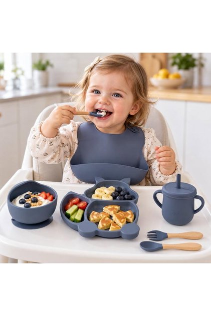 Set complet din silicon fara alergeni pentru diversificare bebe, Bleu