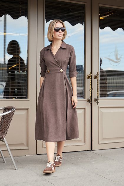 Women's Crush Cupra Anvelop Double Breasted Pleated Capri Sleeve Dress-Brown