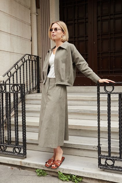 Women's Crush Cupra High Waist Pocketed Segmented Midi Skirt-Khaki