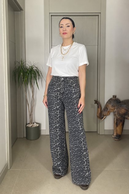 Leopard Print Wide Leg High Waist Denim Pants