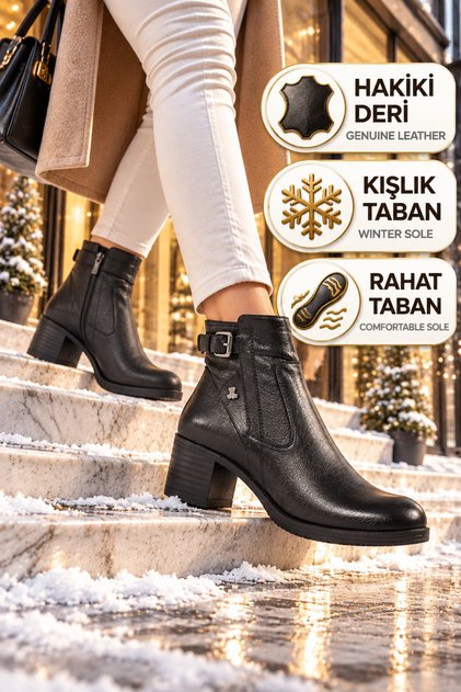 Thick Sole Heeled Classic Boots Genuine Leather Black Women's Boots Office Boots