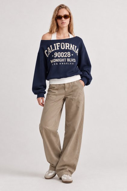 2268 Women's Athlete Detailed Boat Neck Printed Sweatshirt Navy Blue