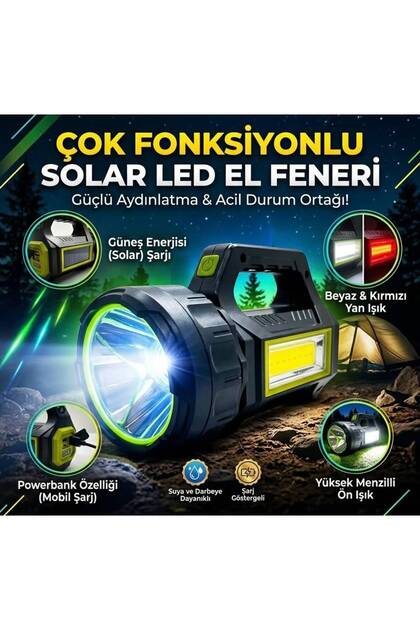 Ps-t95 30w Uzun Menzilli Solar Panelli Usb Ultra Güçlü Ledli Şarjlı Feneri
