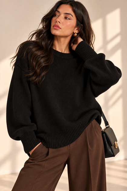 Women's Black Crew Neck Oversize Loose Knit Sweater