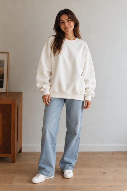 Unisex Oversize Bisiklet Yaka Pamuklu Ekru Sweatshirt 3 İplik Şardonsuz
