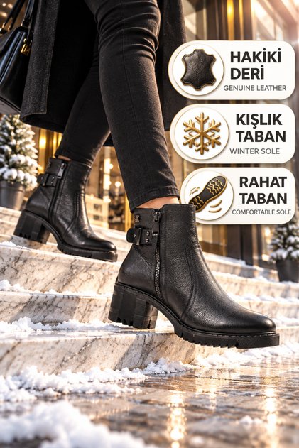 1950807K Genuine Leather Black Women's Boots with Fleece Inside