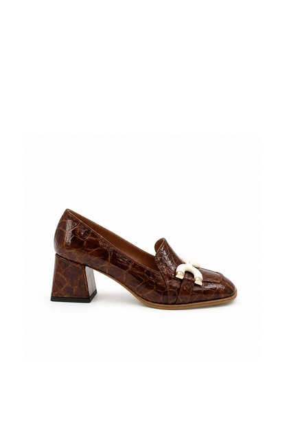 Kahverengi Kroko Rugan Topuklu Loafer Ayakkabı
