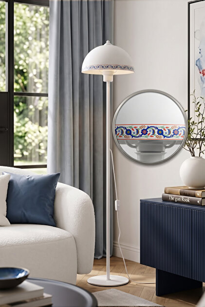 Luna Tile Tek Ayaklı Beyaz Modern Metal Lambader Oturma Odası & Yatak Odası & Salon Lambası
