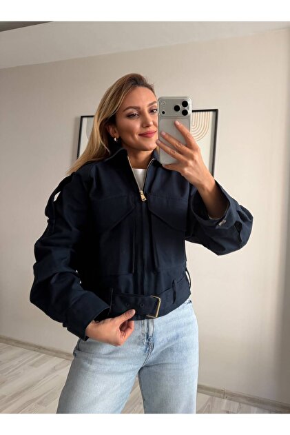 Gabardine Short Jacket with Belt at the Waist
