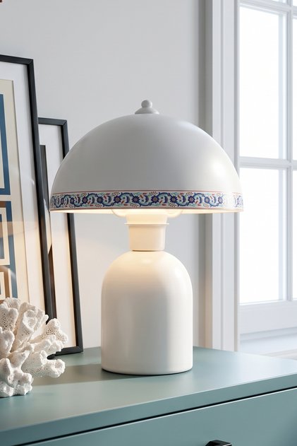 Luna Tile Abajur Beyaz Metal Gövdeli - 25 cm - Yatak Odası Aydınlatma - Dekoratif Masa Lambası