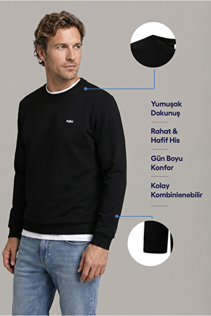 Bisiklet Yaka Regular Fit Nakışlı Basic İnce Sweatshirt