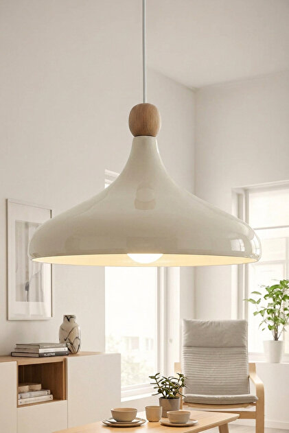 Nova Bohem Ahşap Boncuklu Krem Metal Sarkıt (35 cm) Yemek Masası Üstü Avize