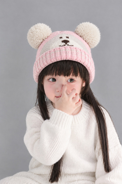 Pink Teddy Bear Patterned Pompom Knitwear Unisex Baby Beanie – 0-2 Years Old Winter Warm Model