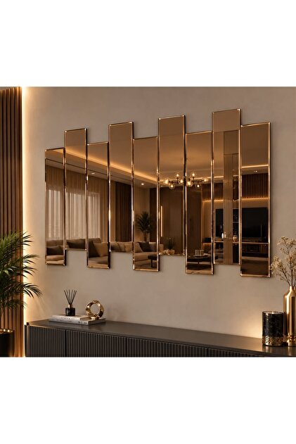9 Parça 12x70 cm Şişecam Flotal Piyano Duvar Aynası – Bronz Renk Bizoteli Dekoratif Ayna Seti