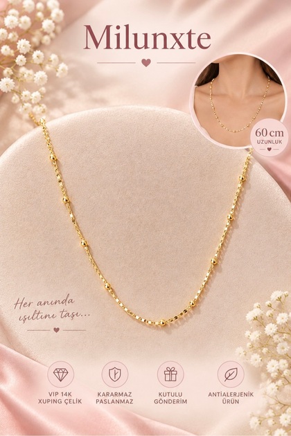 CM Dorika Top Boncuklu 14K Altın Kaplama Çelik Zincir Kolye (60 Cm) (Kutulu)