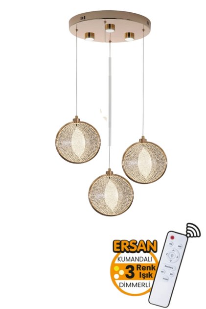 Boz 3'lü Gold Kumandalı 3 Renk Işık Özellikli Dimmerli Modern Sarkıt Led Avize Salon Mutfak Avize