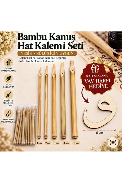 Bambu Kamış Hat Kalemi Seti 1-2-3-4-5 mm vav harfi hediyeli| Nesih ve Sülüs İçin Doğal Bambu Kalem