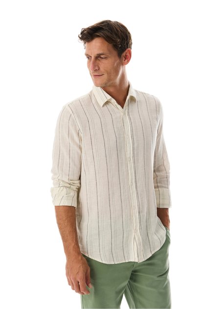 Men's Ecru Regular Fit Linen Blend Striped Long Sleeve Shirt