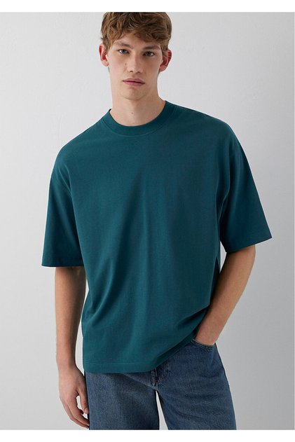 Crew Neck Green Basic T-Shirt Oversize / Wide Cut 0613113-90366