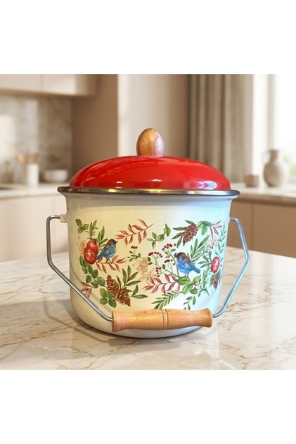 3 Liter Enamel Bakraç – Red Flower Pattern Wooden Handle, Lid, Yogurt Fermentation and Food Storage Container