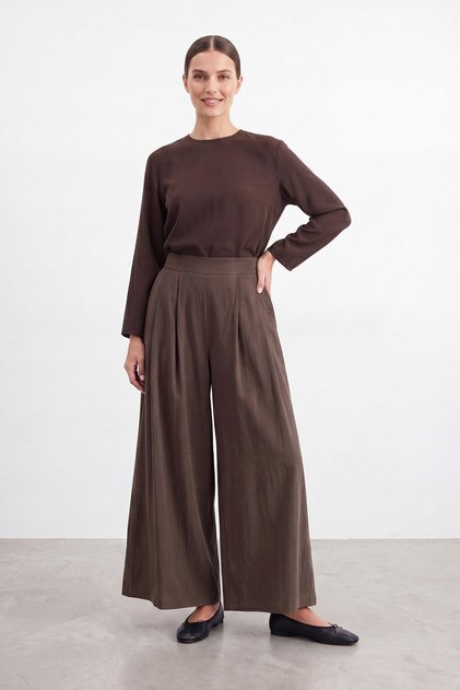 Women's Wide-Leg Woven Trousers with Elastic Waist – 18310Pnt Brown
