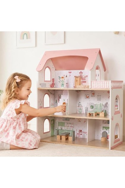 Дървена къщичка за кукли - SweetDollHouse - с LED осветление, височина 70,5 см, сладко розово