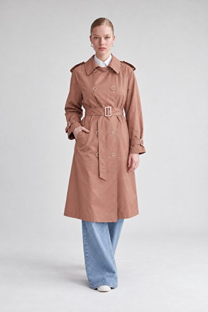 Double-Breasted Plaid Lined Trench Coat Brown