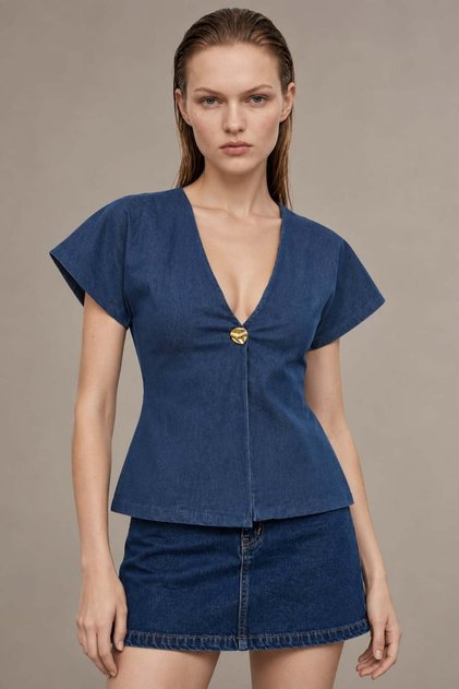 Button Detailed V-Neck Asymmetrical Denim Blouse
