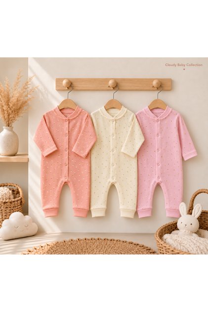 100% Cotton Daisy Patterned 3-Piece Baby Romper Set – Newborn & 0-6 Months, Soft and Breathable Long Sleeve Romper