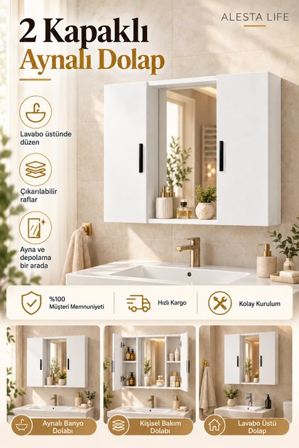 2 Kapaklı Beyaz Aynalı Banyo Dolabı