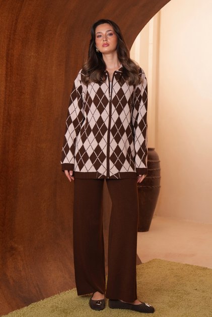 Women's Diamond Patterned Full-Length Zippered 2-Piece Knitwear Hijab Set 8444