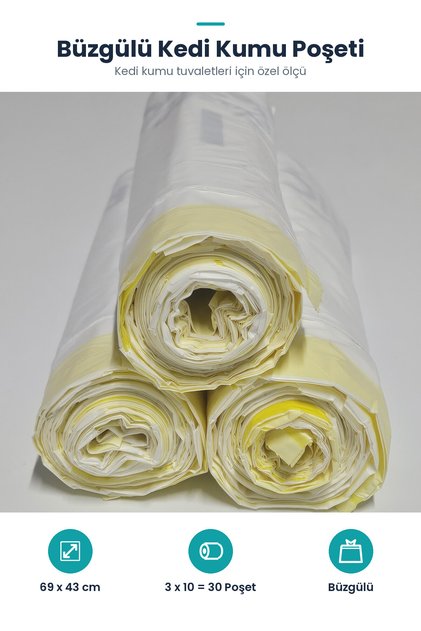 Büzgülü Çöp Torbası - 69cmx43cm - Kedi Kumu Poşeti 3x10 Toplam 30 Poşet