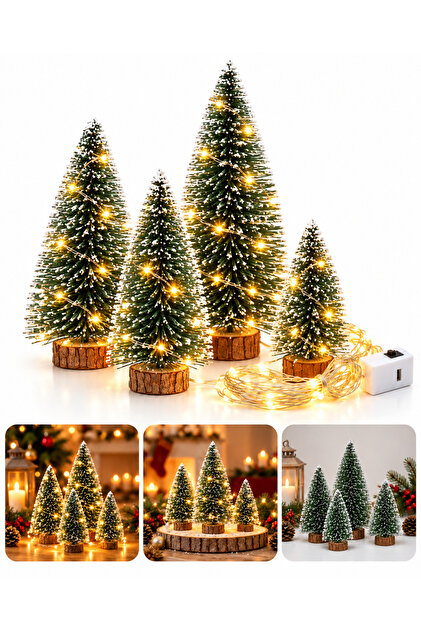 Kar Efektli Işıklı Ağacı Seti (1 Adet 10cm + 2 Adet 15 cm + 1 Adet 20 cm )– 4’lü Çam Ağaçları + LED Işık