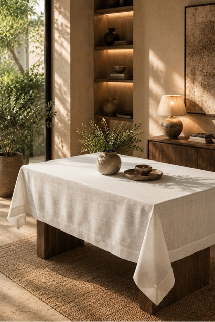 Gardenya Fabric, Linen Look, Seamless Ecru Color Tablecloth 140cm X 280 cm