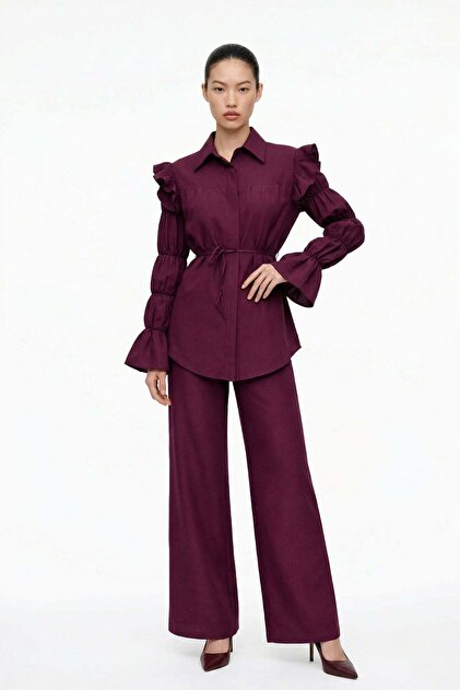 Drawstring Sleeve Detailed Tunic and Palazzo Pants Set D