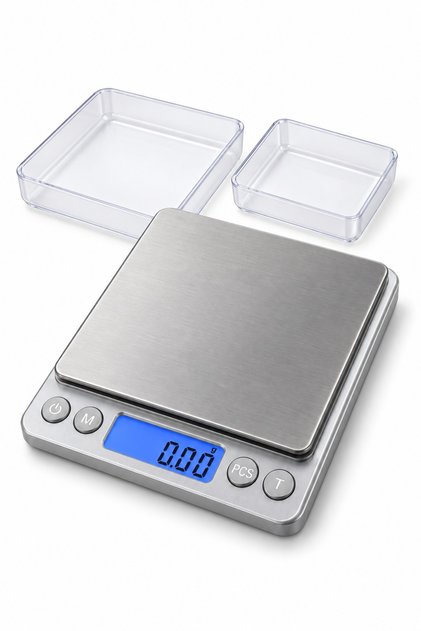 Mini Digital Scale 500 g for Coffee Beans, Tea and Small Ingredients, Backlit LCD, Tare, 6 Units, 2 Trays and AAA Batteries