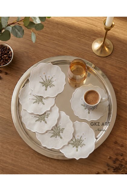 6 Adet Keten Kumaş Üzeri Nakışlı Kahve Yanı Kokteyl Peçetesi & Bardak Altlığı Sunumluk Peçetesi