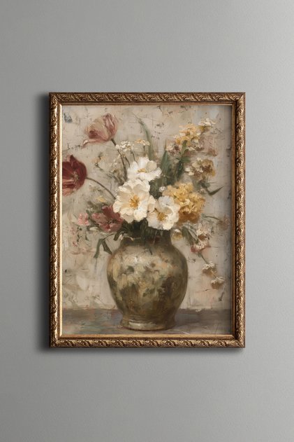 White and Yellow Wildflowers in a Ceramic Vase - Vintage Patterned Painting - Fine Model
