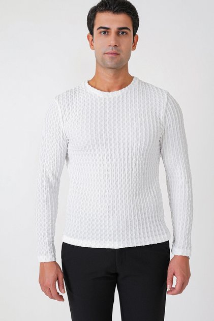 Slim Fit Stretchy Cotton Textured Fabric Long Sleeve Ecru T-Shirt Ts 934