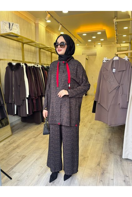 9354 Leopar Desen Takım Kahverengi