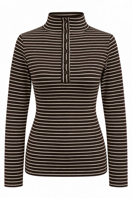 2256 Women's Striped Stand Collar Half Placket Buttoned Blouse Brown